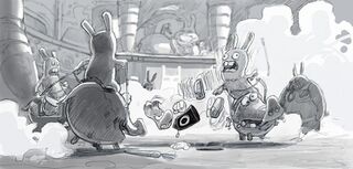 Concept art de Rayman participant à une épreuve de combat dans l'arène de l'amphithéâtre des Lapins Crétins. On peut voir Jabbit au fond de l'image, occupé à profiter du spectacle.
