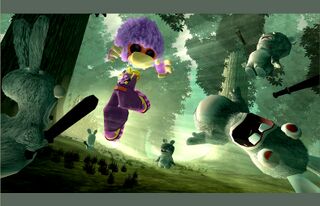 Rayman avec le costume Disco affrontant des Lapins zombies.