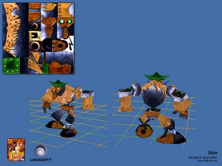 Modèle 3D et textures du premier design de la troisième skin de Henchman 1000 dans Rayman M réalisés par Michele Agosteo, un des animateurs du jeu.