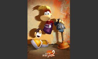 Rayman tenant une télécommande Wii et un pistolet à ventouses.