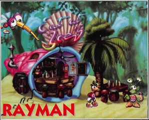 Rayman avec un ancien design devant la crêperie-buvette de Joe dans la Forêt des Songes.