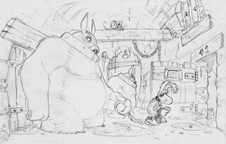 Concept art de la prison de l'amphithéâtre des Lapins Crétins, où on peut voir deux Lapins Timidants.
