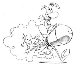 Concept art de Rayman chevauchant un obus à pattes.