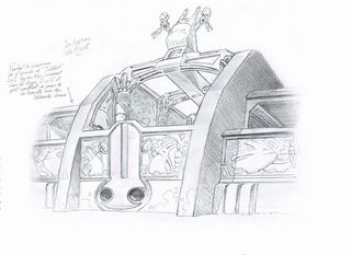 Concept art de la loge impériale de l'amphithéâtre des Lapins Crétins. Un texte mentionne le nom de Jabbit.