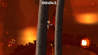 Rayman sautant d'un mur pour éviter un jet de flammes.