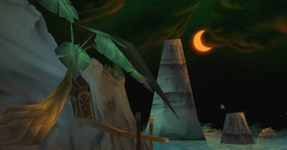 Une des lunes sur le premier écran de chargement de la Baie des Baleines, dans la version PC de Rayman 2. On remarque qu'elle est en forme de croissant, ce qui est assez rare pour être souligné.