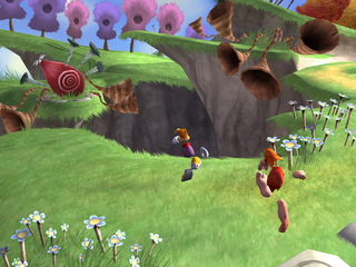Rayman et un membre de son espèce dans la forêt rappelant le Ciel Chromatique. L'autre personnage rappelle le costume Bigfoot visible sur un concept art de cette page.