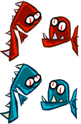 Des petits piranhas bleus et rouges.