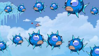 Des poissons piquants bleus de différentes tailles dans Dérapage contrôlé.