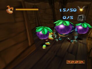 Rayman et un Pirate Gorille entourés de prunes.