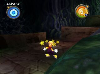 Rayman étourdi dans Tour Nébuleuse.