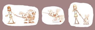 Concept arts montrant le Lapin pilote avaler des chihuahuas.