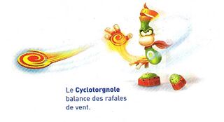 Concept art de Rayman équipé de la Cyclotorgnole. On peut le voir dans l'artbook de Rayman 3, avec un texte différent. Quand le pouvoir s'appelait encore le Poing toupie, Rayman avait une apparence similaire.
