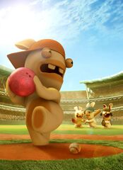 Artwork représentant des Lapins Crétins jouant au baseball. Un Lapin Fanterie tient le rôle d'arbitre.