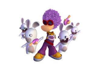 Rayman portant le costume Disco entouré de Lapins Crétins.