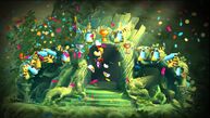 Cette image datant du développement de Rayman Legends montre un Grand Mini couronné en tenue de prisonnier (en haut à droite) à la fin d'un niveau, aux côtés des autres Ptizêtres libérés au cours de ce dernier.