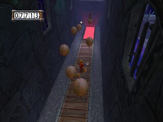 Rayman esquivando los disparos de un Oficial Hoodmonger