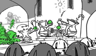 Concept art montrant des fakirs et des Magiciens Rouges en train de sacrifier de petits pois.