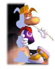 Rayman adossé à un mur.