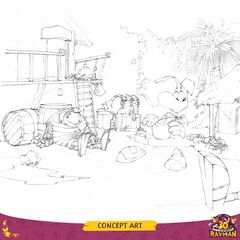 Concept art de Rayman infiltrant un campement Pirate, dont tous les occupants sont endormis. Il y a un Sbire parmi eux.
