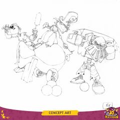 Concept art représentant Barbe-Tranchante, le Pirate Lunette et un Sbire préparant un tir de canon. C'est la version sans couleurs ni décor de l'artwork précédent.