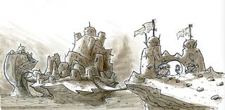 Concept art de la Forteresse de Sable avec personnages réalisé par Yan Le Pon.