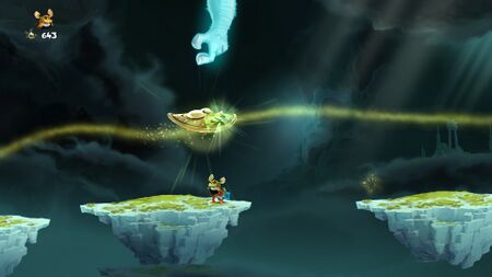 Murfy utilisant un bouclier volant pour protéger Estellia de la foudre de Zeus.