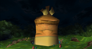 Una estatua de piedra del Padre de todos los Globox emergiendo del lago Globys.