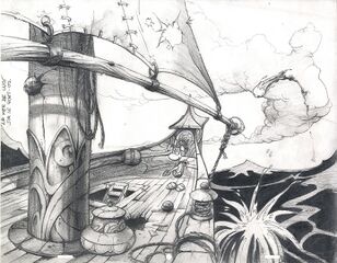 Concept art du bateau utilisé par Rayman et Globox pour traverser la Mer Hic dans Rayman 3. On peut le voir dans L'Histoire de Rayman.