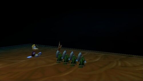 Les Grands Minis s'entretenant avec Rayman dans la salle du conseil des Ptizêtres.
