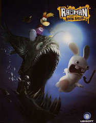 Affiche promotionnelle de Rayman contre les Lapins Crétins montrant Rayman sur le dos d'une baudroie géante, en train de pourchasser un Lapin Crétin sous l'eau.