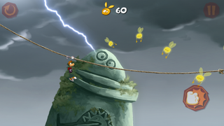 Rayman sur une tyrolienne.