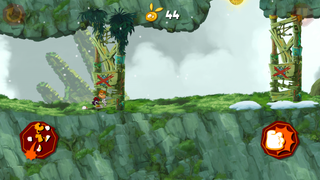 Rayman face à un mur en bois.