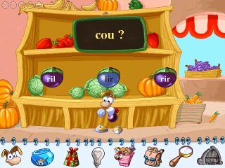 Rayman doit frapper la prune qui peut compléter le mot en haut de l'écran.