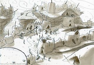 Concept art de la Forteresse de Sable avec personnages réalisé par Yan Le Pon.