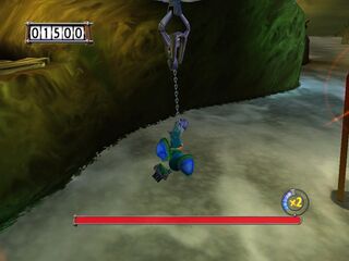 Rayman se balançant à un crochet volant avec le Grappinocroc dans les Marais Crapoteux.