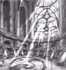Concept art d'une salle du Concile des Fées aux airs de cathédrale. On peut également le voir dans l'artbook de Rayman 3. Dans la version finale du jeu, il y a des piliers ressemblant à ceux qui soutiennent la rampe circulaire sur cette image. Ils sont cependant construits dans l'autre sens.