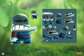 Image où on peut voir un concept art de Ninja à chapeau, son apparence finale et les éléments de son sprite, réalisée par Kévin-Mark-Bonein, un des graphistes de Rayman Adventures.