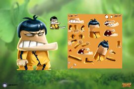 Image où on peut voir un concept art de Ninja, son apparence finale et les éléments de son sprite, réalisée par Kévin-Mark-Bonein, un des graphistes de Rayman Adventures.
