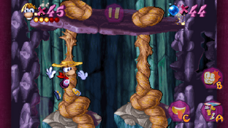 Rayman utilisant le pouvoir du super-hélicoptère pour couper des cordes