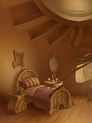 Concept art d'une chambre d'une maison d'Aéropolis, le jour.