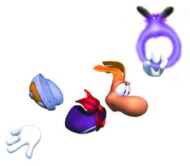 Rayman accroché à un Lums violet.