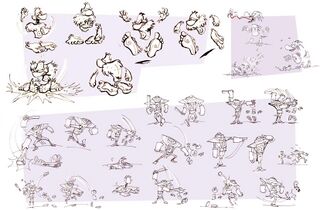 Concept arts des costumes Bigfoot et Hérisson de Rayman et des ennemis en armure.