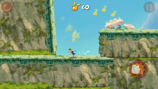 Rayman doit courir et faire un saut mural pour éviter d'être écrasé par la plate-forme qui arrive derrière lui.