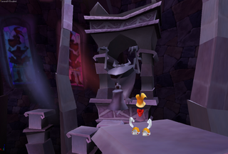 Rayman dans le repaire de Dark Rayman. On remarque une curieuse gargouille ressemblant à un membre de l'espèce de Globox.