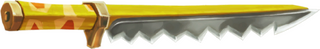 Vue détaillée d'un couteau à lame dentelée.