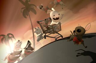 Cette image datant du développement de The Lapins Crétins : La Grosse Aventure montre l'Équipe Crétine attraper des chihuahuas tout en étant pourchassée par des pitbulls.