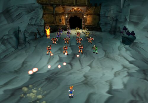 Rayman face à un bataillon de Sbires dans Rayman Revolution.