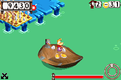 Rayman can steer the boat freely across this calm stretch of water.