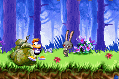 A boxer rabbid in front of Rayman.